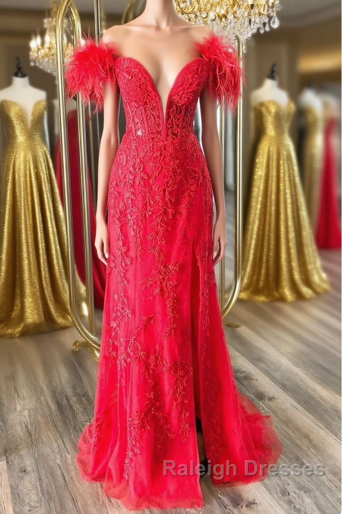 Off Shoulder V Neck Mermaid Red Lace Prom Dresses Long with High Slit Mermaid Red Prom Dresses Red Lace Prom Dresses Main image