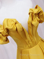 Off Shoulder V Neck Yellow Satin Long Prom Dresses, Off The Shoulder Yellow Formal Dresses, Yellow Evening Dresses