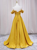 Off Shoulder V Neck Yellow Satin Long Prom Dresses, Off The Shoulder Yellow Formal Dresses, Yellow Evening Dresses