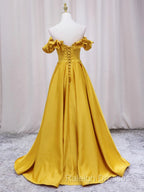 Off Shoulder V Neck Yellow Satin Long Prom Dress Off The Shoulder Yellow Prom Dress Yellow Prom Dress