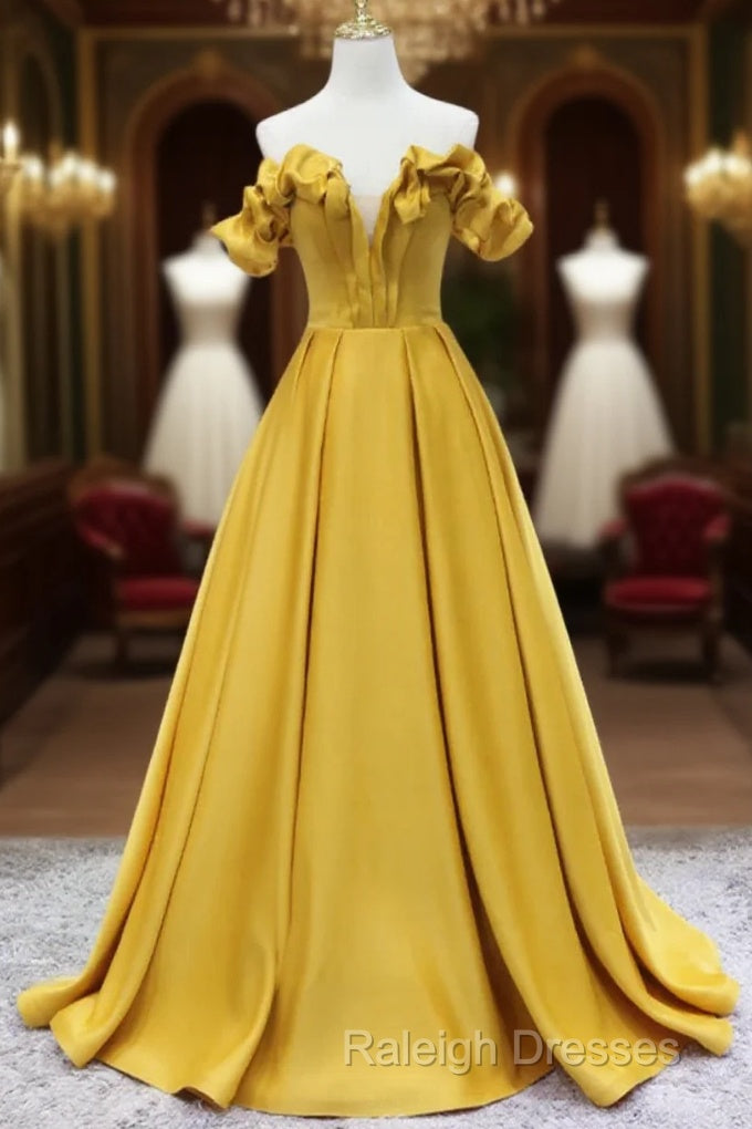 Off Shoulder V Neck Yellow Satin Long Prom Dresses, Off The Shoulder Yellow Formal Dresses, Yellow Evening Dresses Main image
