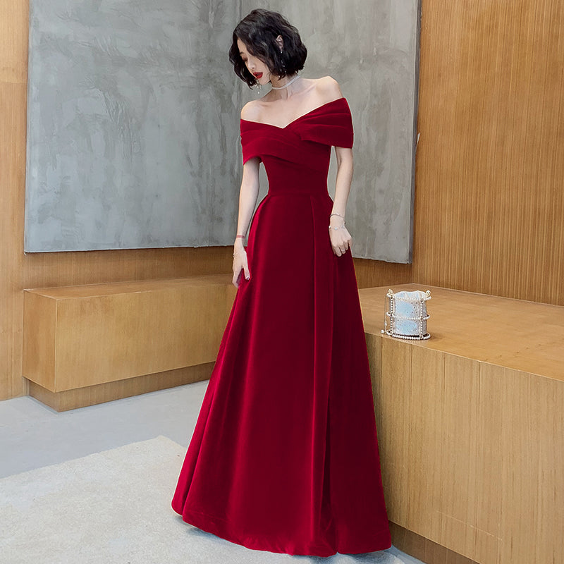 Off Shoulder Velvet Floor Length Sweetheart Evening Dress, A-Line Long Prom Dress
