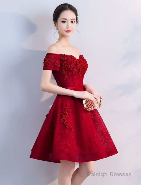 Off Shoulder Wine Red Short Beaded Homecoming Dresses Short Prom Dresses Graduation Prom Dresses Secondary image