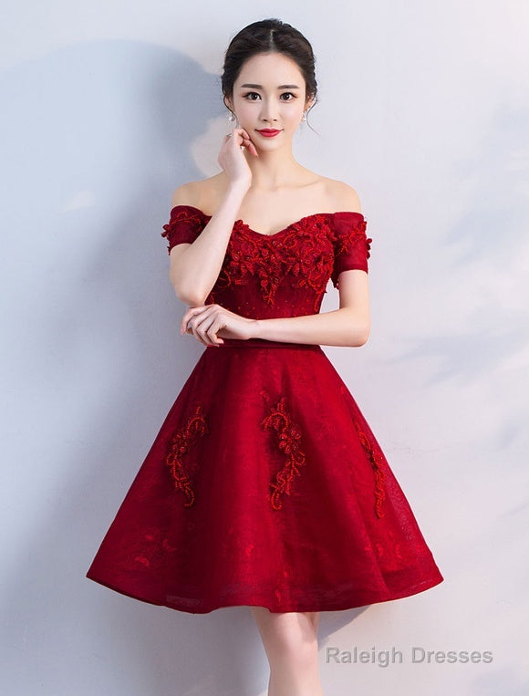 Off Shoulder Wine Red Short Beaded Homecoming Dresses Short Prom Dresses Graduation Prom Dresses