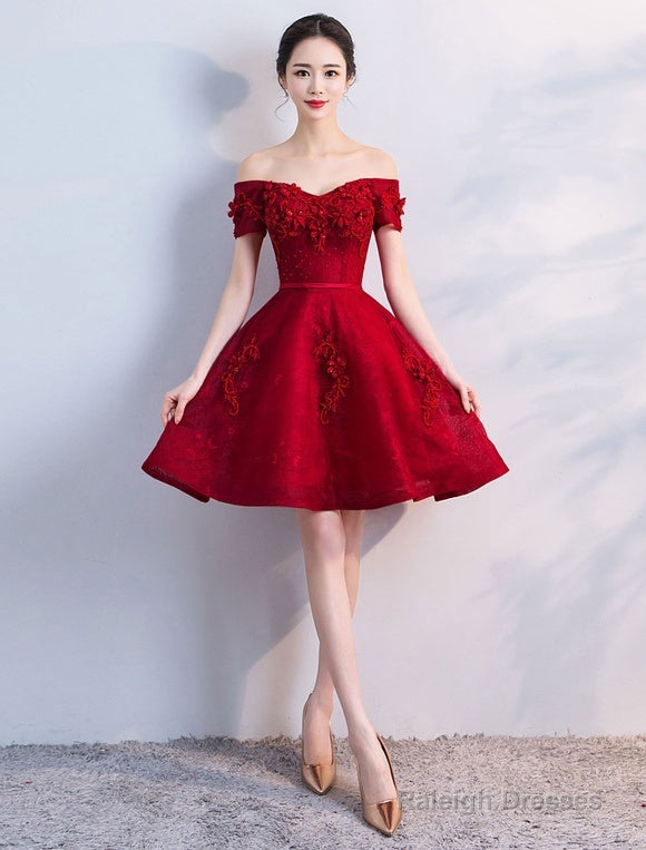 Off Shoulder Wine Red Short Beaded Homecoming Dress, Short Prom Dress, Graduation Party Dress Main image