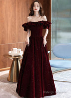 Off Shoulder Wine Red Velvet A-Line Prom Dresses Wine Red Prom Dresses