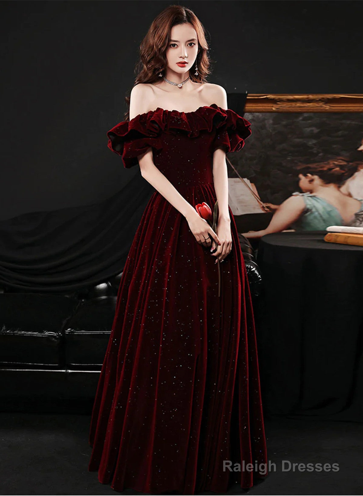 Off Shoulder Wine Red Velvet A-Line Party Dress, Wine Red Prom Dress
