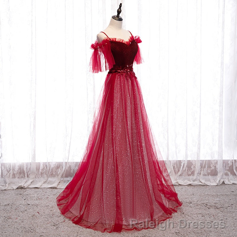 Off Shoulder Wine Red Velvet and Tulle Party Dress, A-line Tulle Floor Length Prom Dress