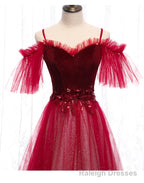Off Shoulder Wine Red Velvet and Tulle Party Dress, A-line Tulle Floor Length Prom Dress