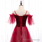 Off Shoulder Wine Red Velvet and Tulle Party Dress, A-line Tulle Floor Length Prom Dress