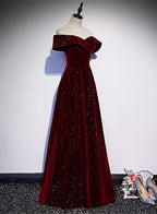 Off Shoulder Wine Red Velvet Long Party Dress, A-Line Wine Red Evening Dress