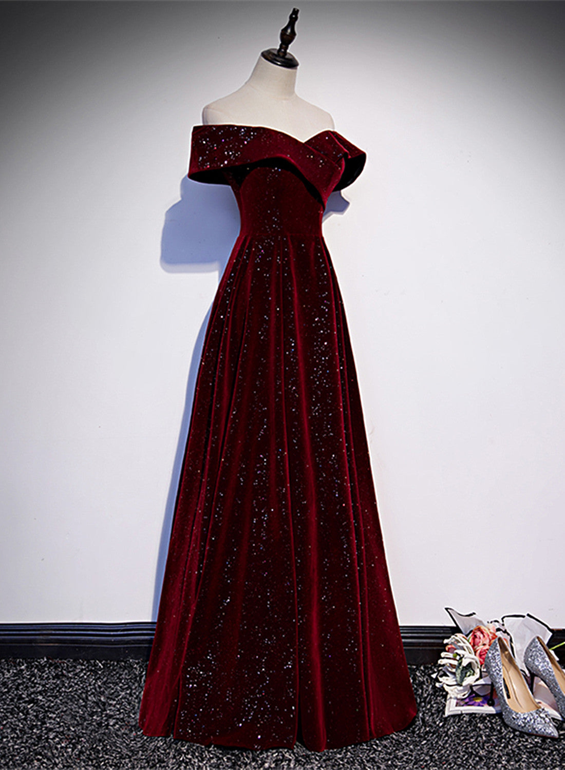 Off Shoulder Wine Red Velvet Long Prom Dresses A-Line Wine Red Prom Dresses