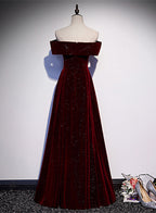 Off Shoulder Wine Red Velvet Long Party Dress, A-Line Wine Red Evening Dress