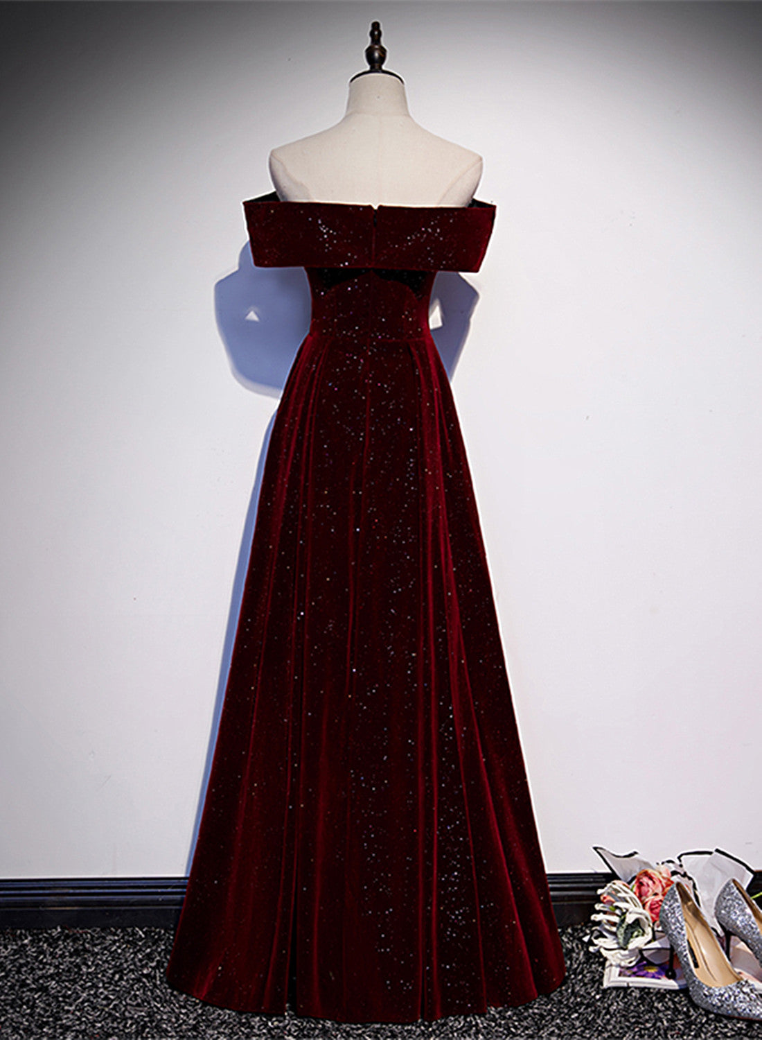 Off Shoulder Wine Red Velvet Long Party Dress, A-Line Wine Red Evening Dress