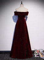 Off Shoulder Wine Red Velvet Long Prom Dresses A-Line Wine Red Prom Dresses