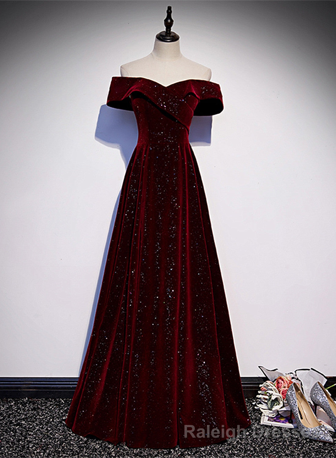 Off Shoulder Wine Red Velvet Long Party Dress, A-line Wine Red Evening Dress