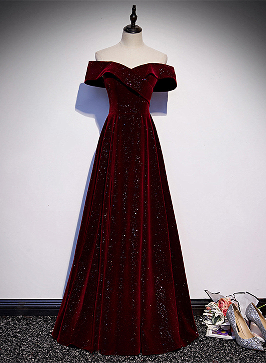 Off Shoulder Wine Red Velvet Long Party Dress, A-Line Wine Red Evening Dress Main image