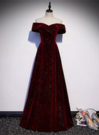 Off Shoulder Wine Red Velvet Long Party Dress, A-Line Wine Red Evening Dress