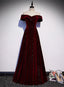 Off Shoulder Wine Red Velvet Long Party Dress, A-Line Wine Red Evening Dress
