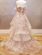 Off the Shoulder A-line Floral Wedding Dress with Ruffle Skirt
