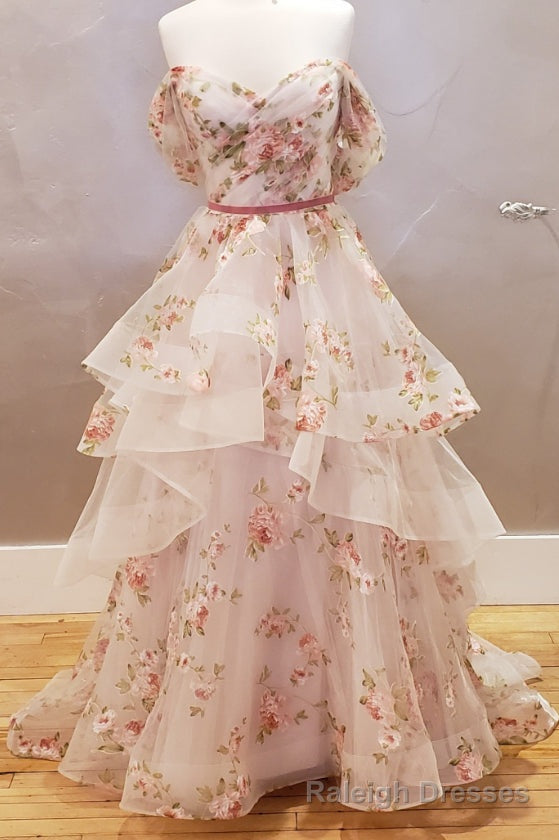Off the Shoulder A Line Floral Wedding Dress with Ruffle Skirt
