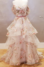 Off the Shoulder A-line Floral Wedding Dress with Ruffle Skirt