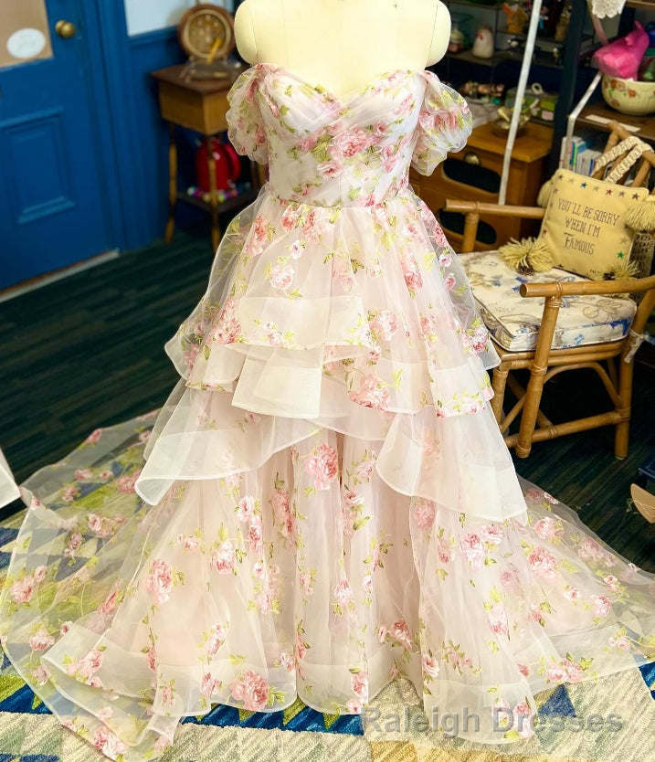 Off the Shoulder A Line Floral Wedding Dress with Ruffle Skirt