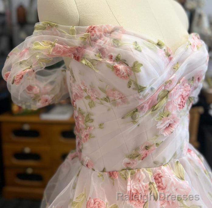 Off the Shoulder A Line Floral Wedding Dress with Ruffle Skirt