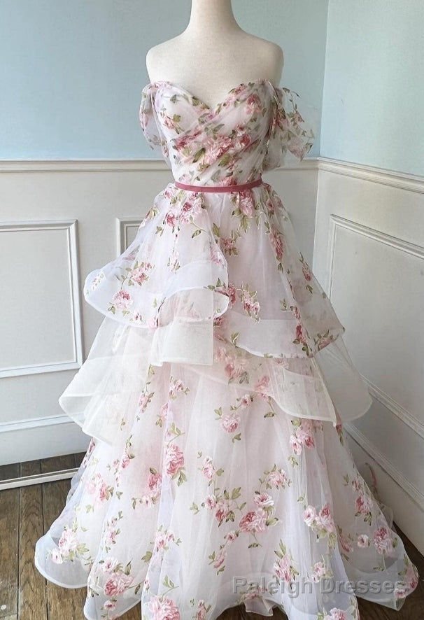 Off the Shoulder A-line Floral Wedding Dress with Ruffle Skirt Main image
