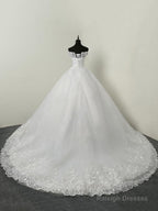 Off The Shoulder Ball Gown Wedding Dresses Short Sleeve Lace Applique Tulle Bridal Dress