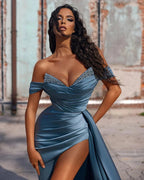 Off The Shoulder Beaded Satin Long Prom Dress
