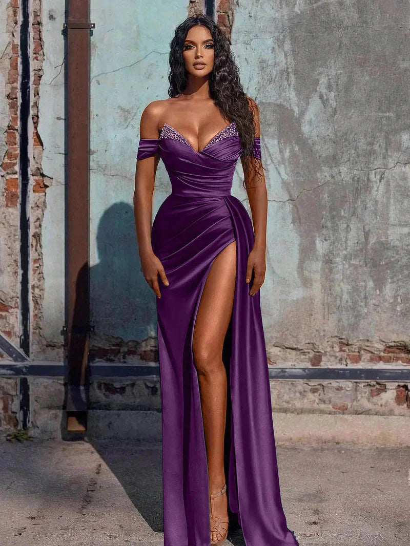 Off The Shoulder Beaded Satin Long Prom Dress