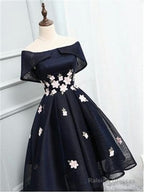 Off The Shoulder Black Organza Homecoming Dress With Handmade Flower Short Homecoming Dress