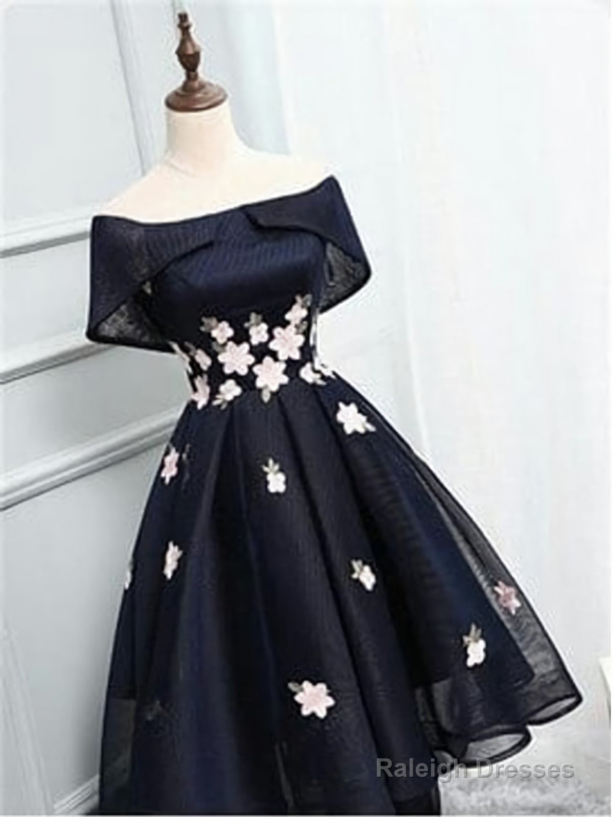 Off The Shoulder Black Organza Homecoming Dress With Handmade Flower Short Homecoming Dress