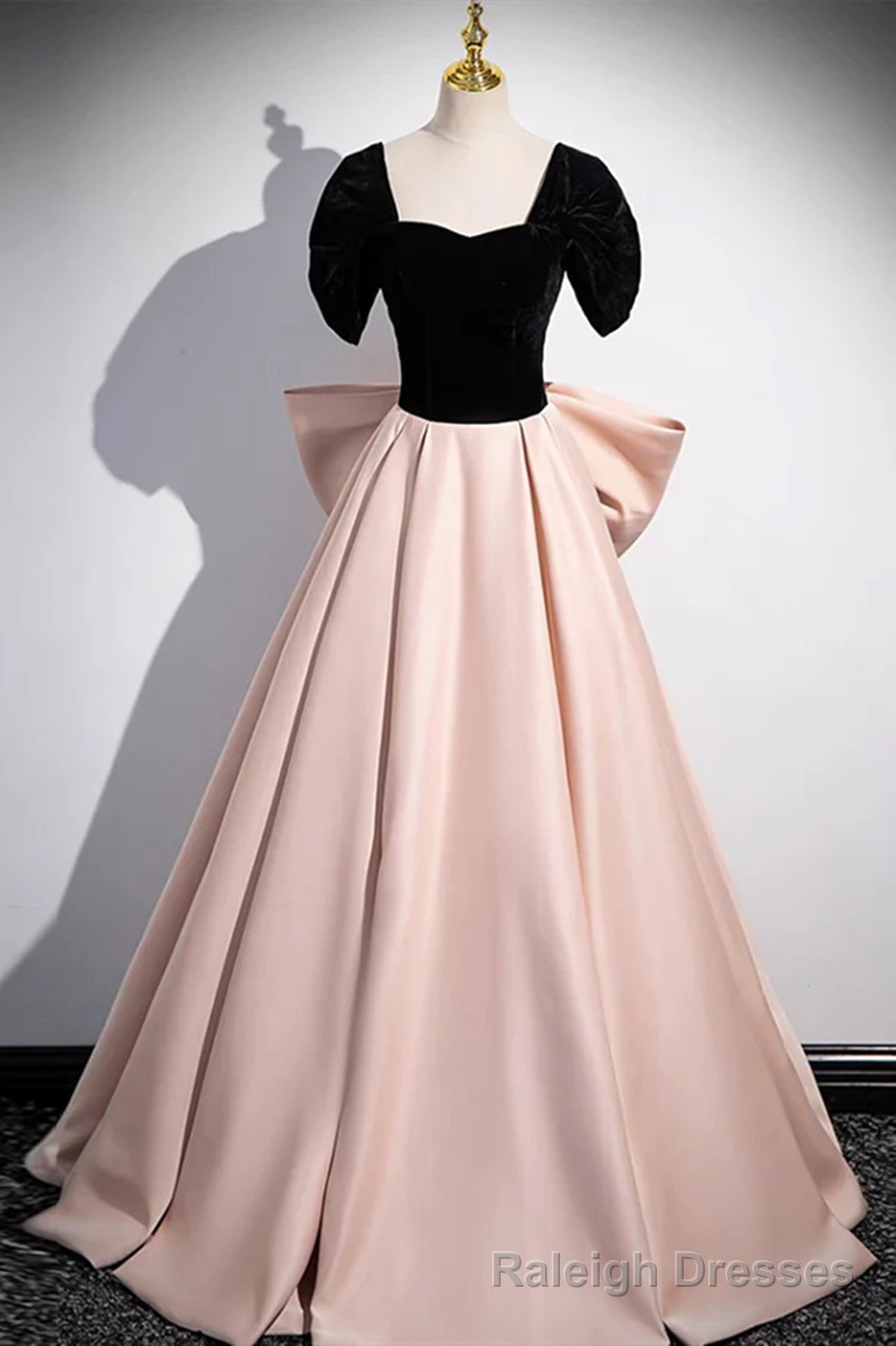 Off the Shoulder Black Pink Satin Long Prom Dresses, Pink Black Long Formal Prom Dresses