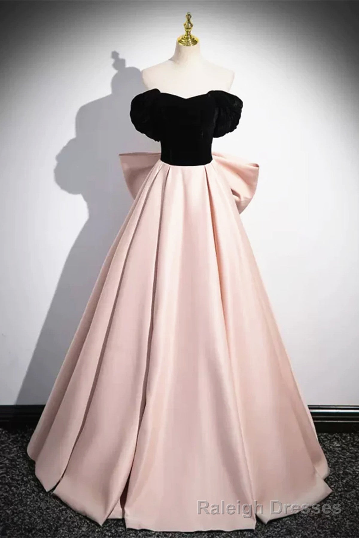 Off the Shoulder Black Pink Satin Long Prom Dresses, Pink Black Long Formal Evening Dresses Main image