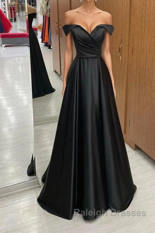 Off the Shoulder Black Satin Long Prom Dresses, Black Off Shoulder Formal Evening Dresses Main image