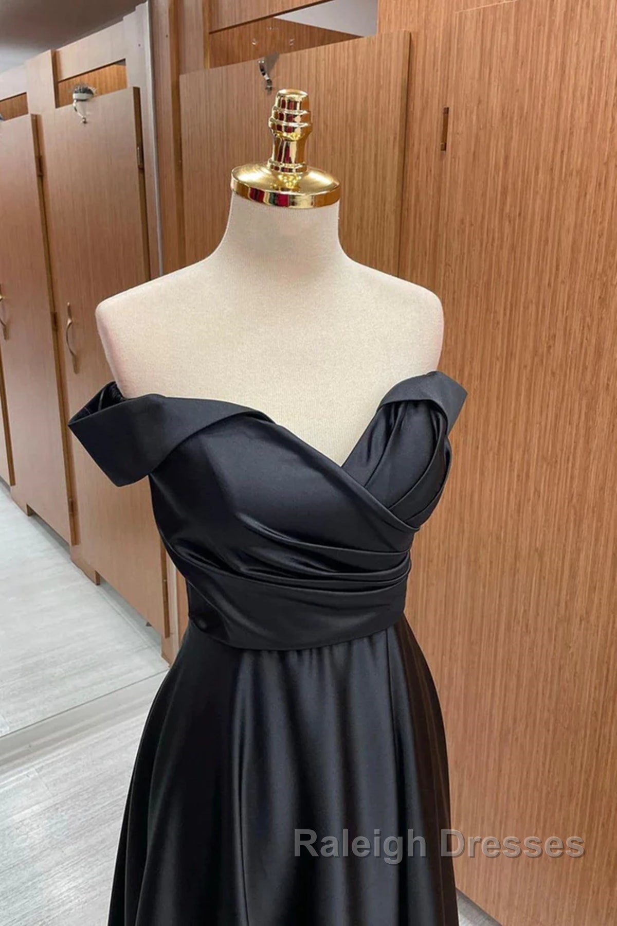 Off the Shoulder Black Satin Long Prom Dresses, Black Off Shoulder Formal Evening Dresses Secondary image