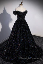 Off the Shoulder Black Sequin Prom Dress Black Long Prom Dress