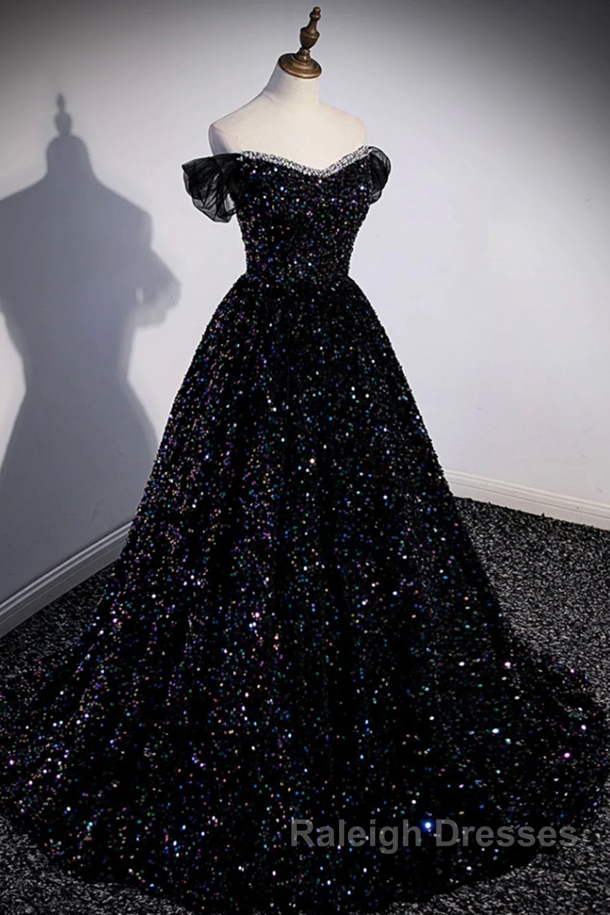 Off the Shoulder Black Sequin Prom Dress Black Long Prom Dress