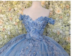 Off the shoulder blue ball Gowns , sparkly prom dress with flowers