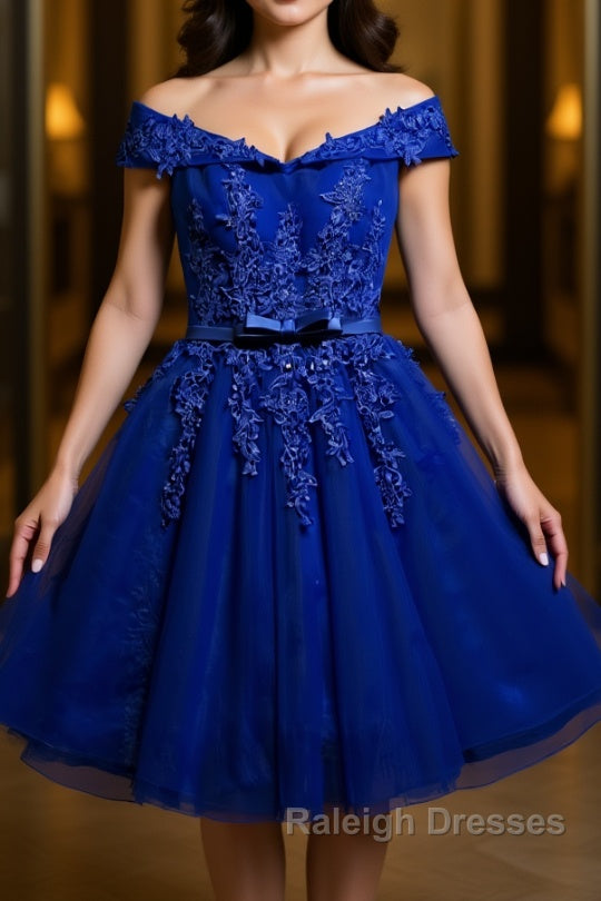 Off the Shoulder Blue Lace Prom Dresses, Off Shoulder Blue Homecoming Dresses, Short Blue Lace Formal Evening Dresses