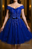 Off the Shoulder Blue Lace Prom Dresses, Off Shoulder Blue Homecoming Dresses, Short Blue Lace Formal Evening Dresses