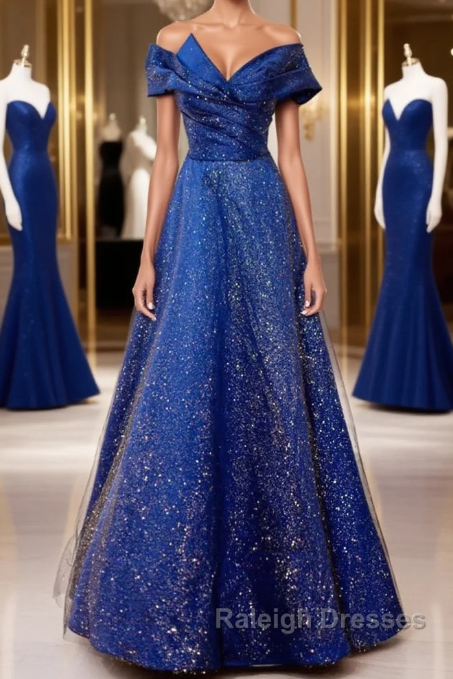 Off the Shoulder Blue Long Prom Dresses, Off Shoulder Long Formal Evening Dresses Main image