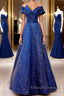 Off the Shoulder Blue Long Prom Dresses, Off Shoulder Long Formal Evening Dresses