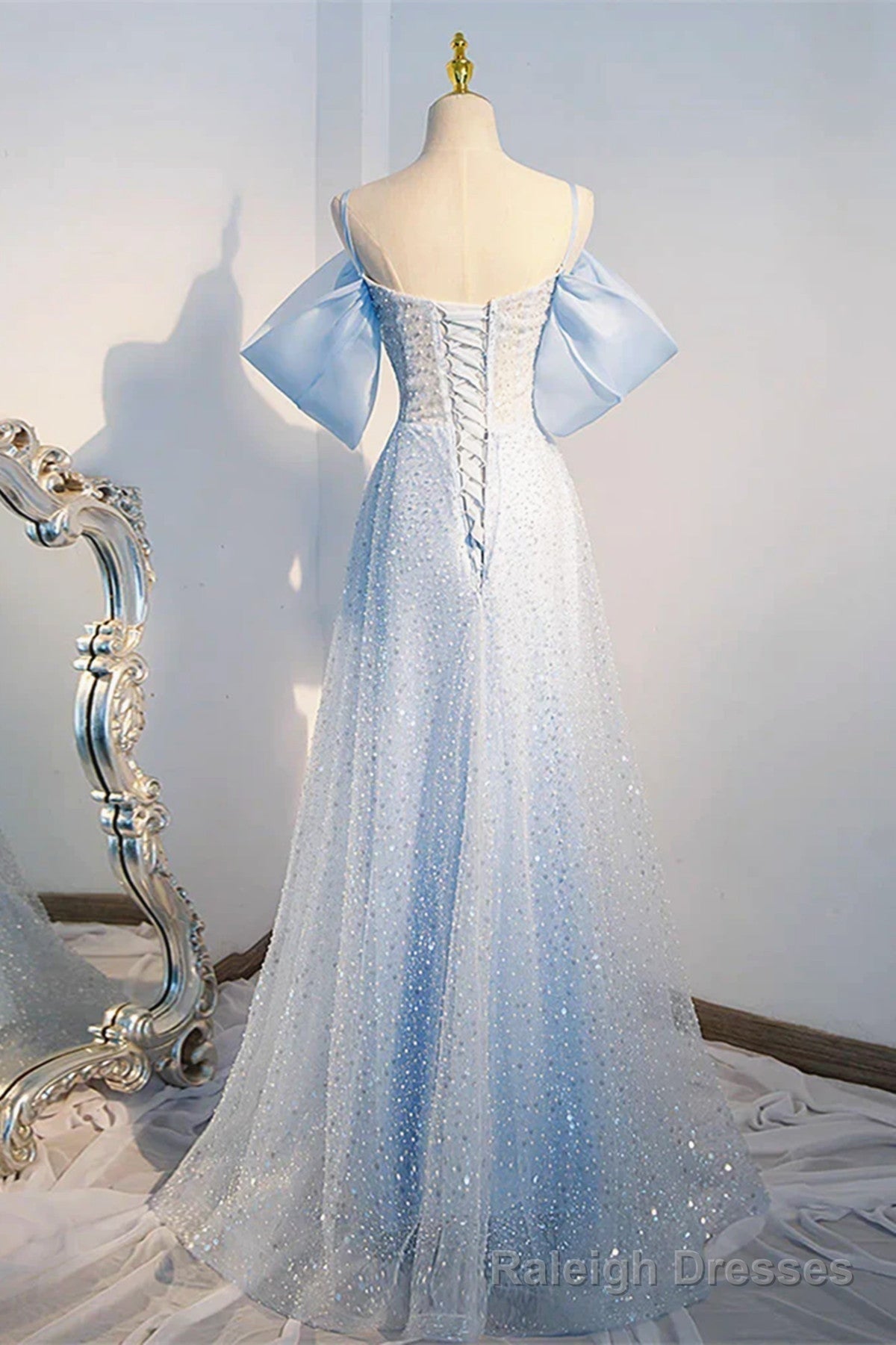 Off the Shoulder Blue Long Sequins Prom Dresses, Off Shoulder Blue Long Formal Prom Dresses
