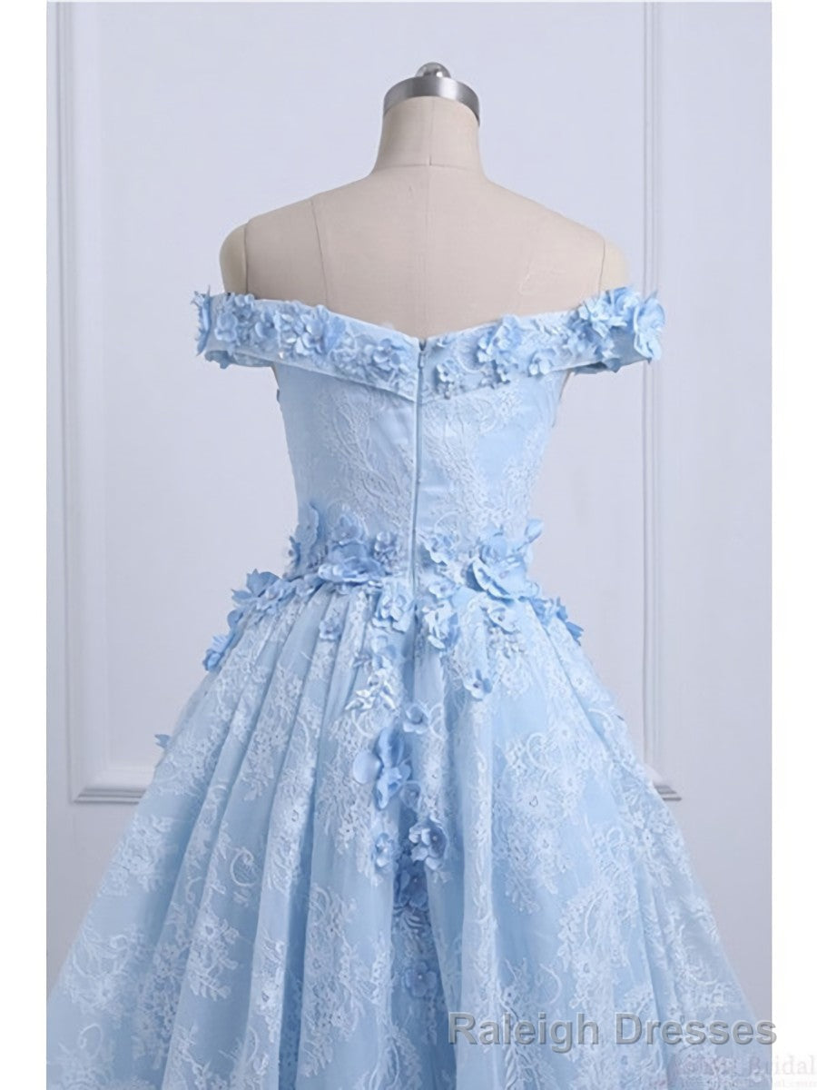 Off the Shoulder Blue Prom Dresses Lace Applique,  High Low Prom Dress Secondary image