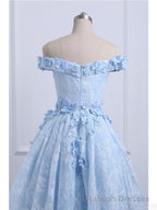 Off the Shoulder Blue Prom Dresses Lace Applique,  High Low Prom Dress