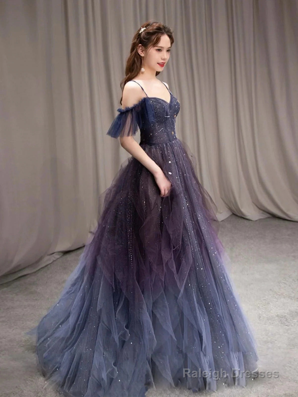 Off The Shoulder Blue Purple Ombre Tulle Prom Dresses, Blue Purple Ombre Formal Graduation Dresses