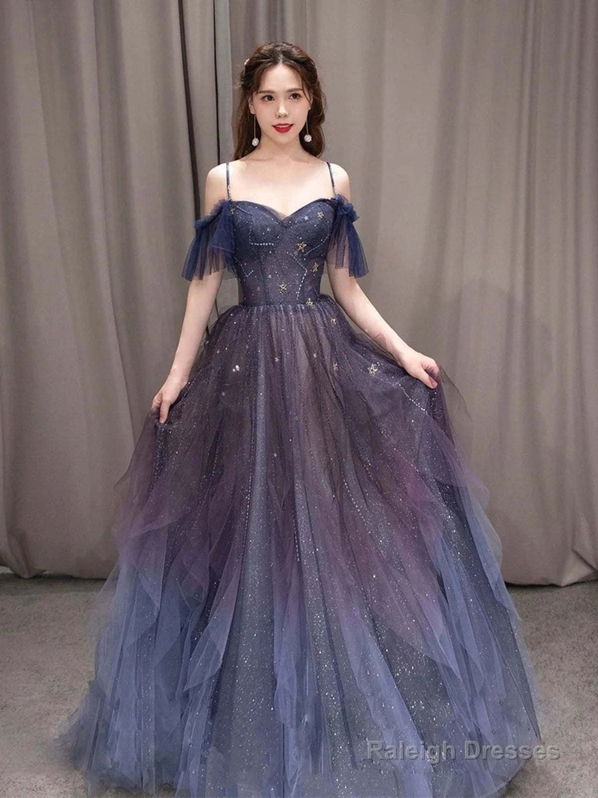 Off The Shoulder Blue Purple Ombre Tulle Prom Dresses, Blue Purple Ombre Formal Graduation Dresses Main image
